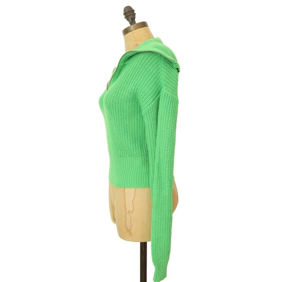 Sanctuary Half-Zip Shrunken Sweater XS Bright Green Ribbed Long Sleeve NWT B30 - Picture 5 of 6